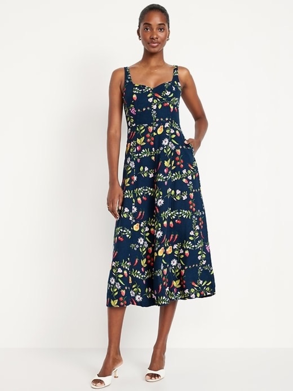 Old Navy Fit & Flare Floral Fruit Linen Midi Dress